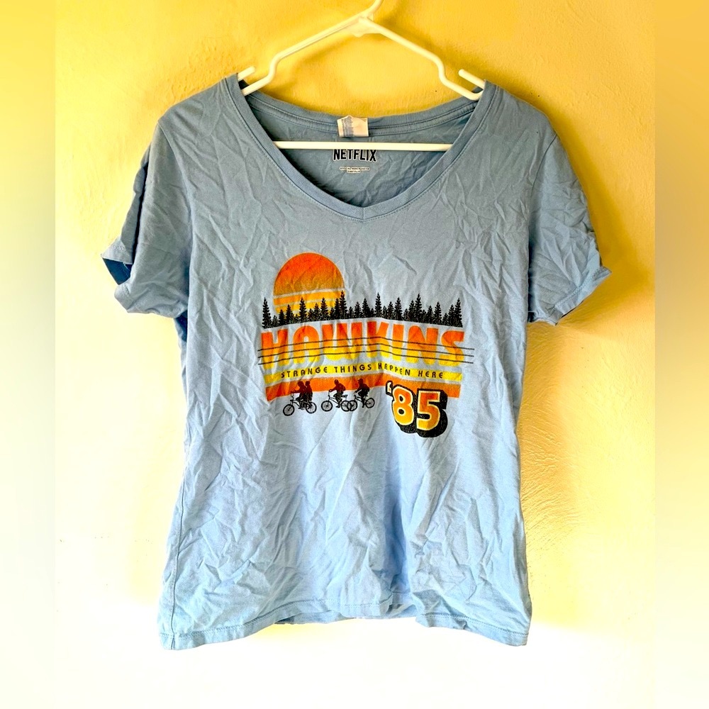 Netflix Stranger Things Light Blue Hawkins ‘85 V-Neck T-Shirt